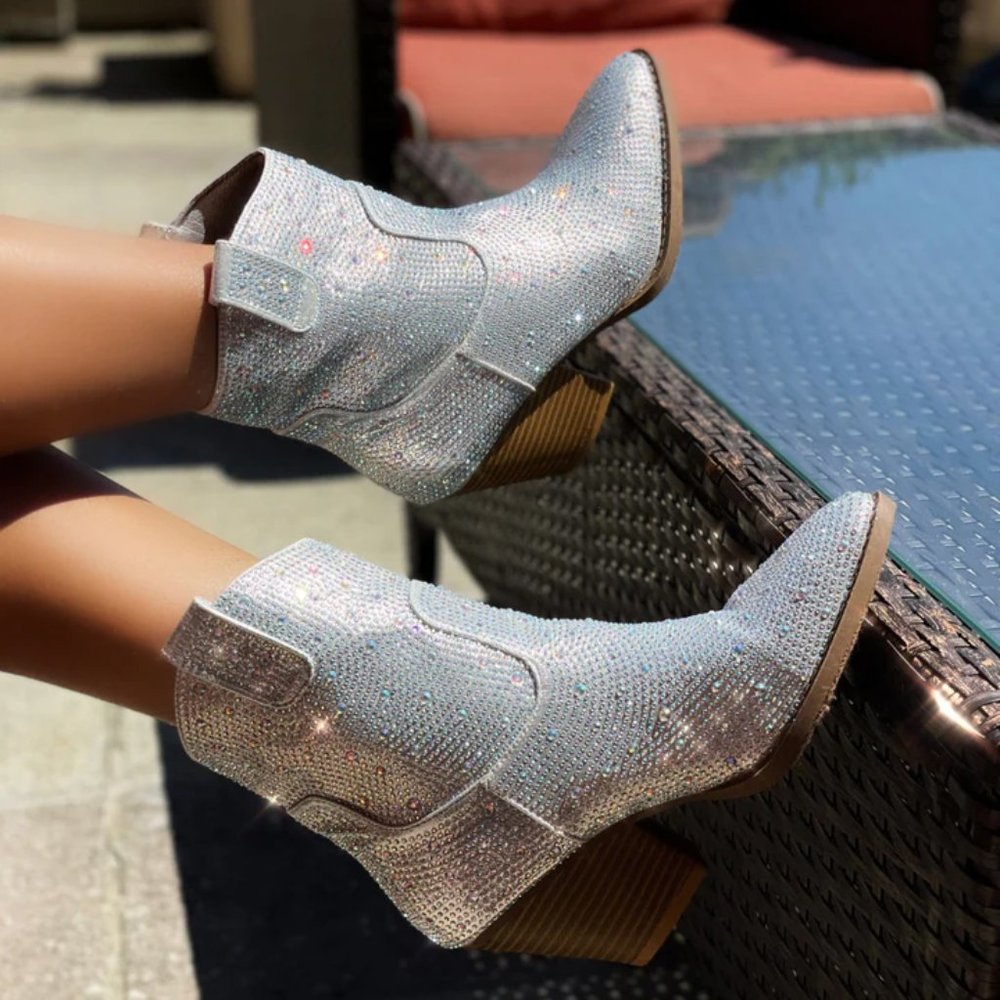 ✧LAST PAIR 6.5✧ Silver Rhinestone Bling Cowboy Western Ankle Boots